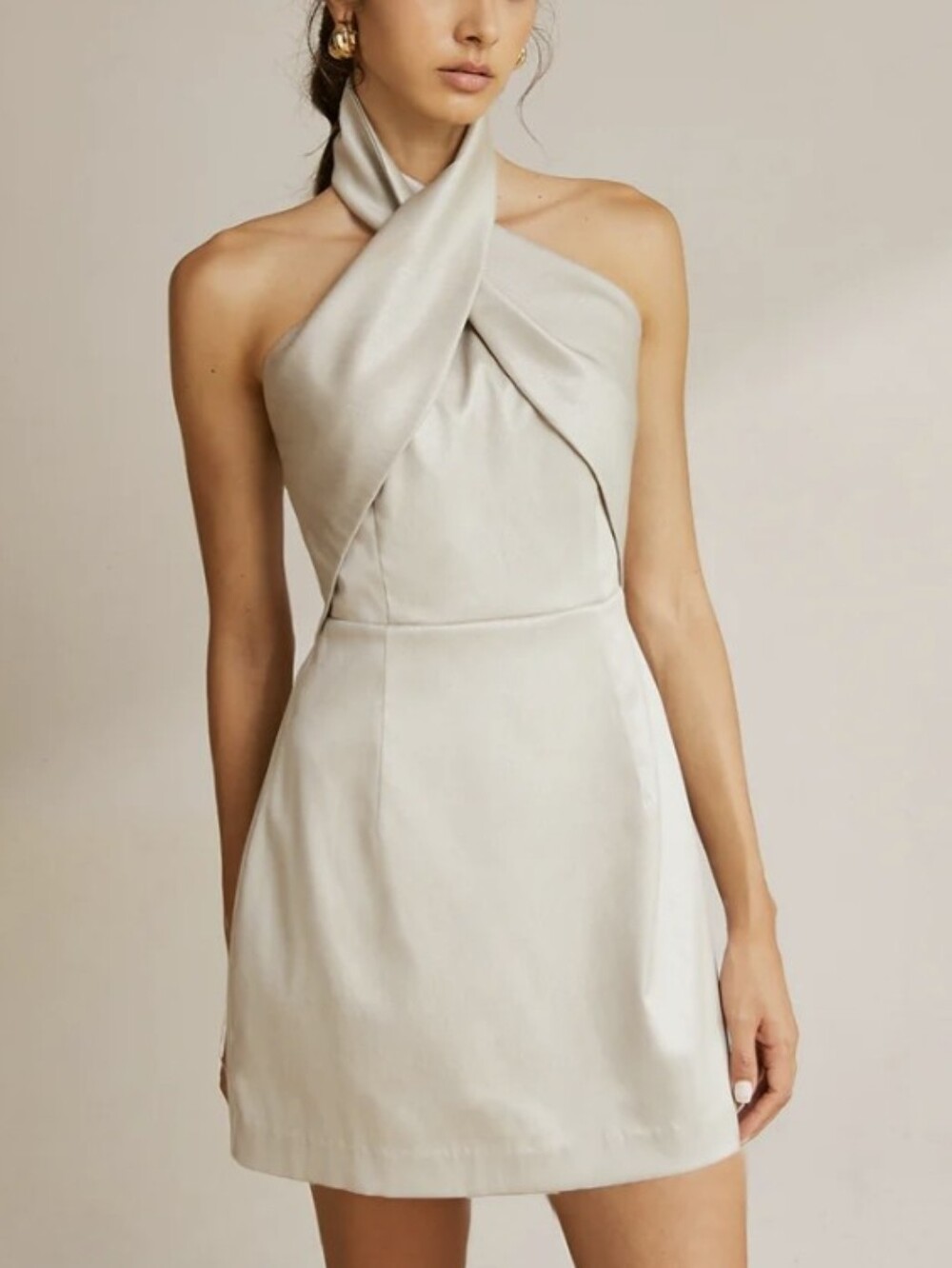Commense Mini Dress Cross Halter Neck Tan M NWT